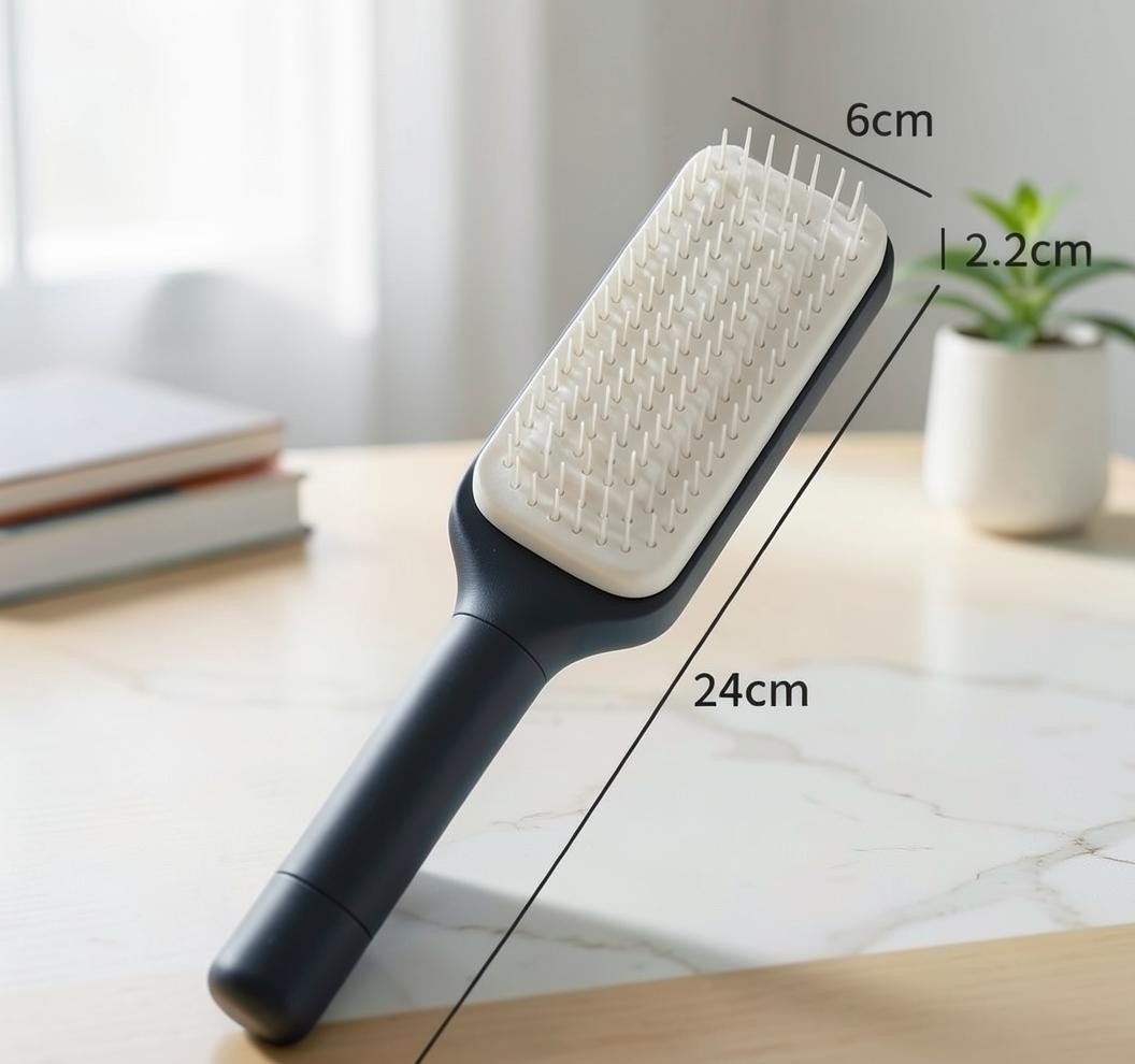 Snaggedly 4-in-1 self-cleaning hair brush in charcoal grey and white with dimensions shown on a desk